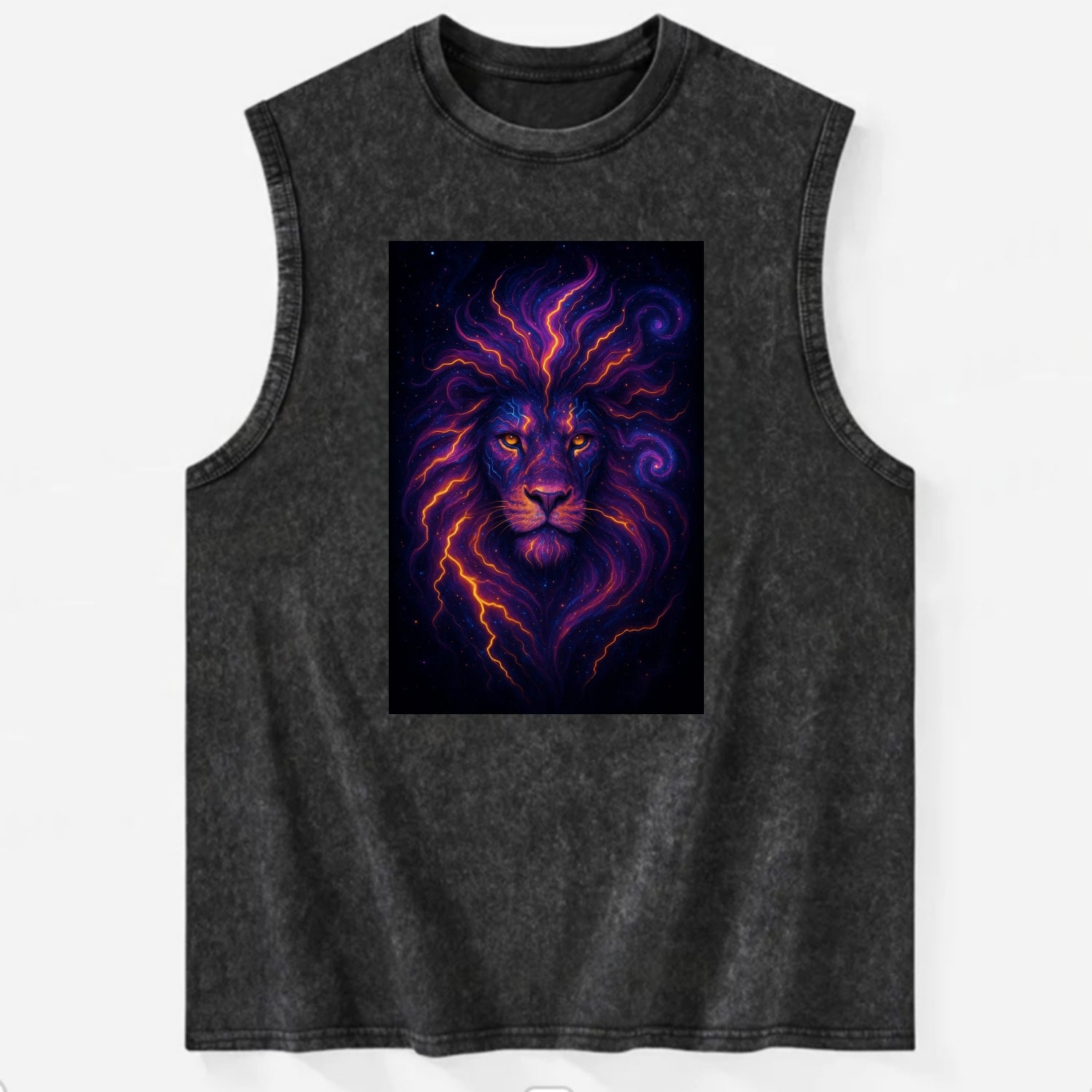 Regal lion with mane made of electric currents, neon yellow and hot pink - Vintage Washed Tank - Black