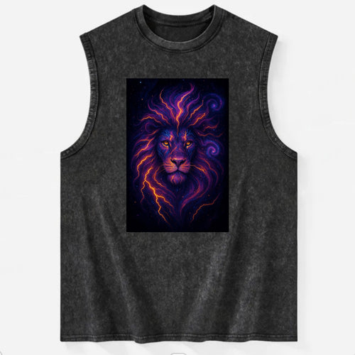 Regal lion with mane made of electric currents, neon yellow and hot pink - Vintage Washed Tank