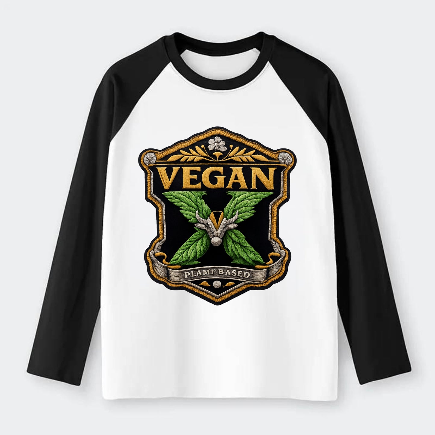 VEGAN X - plant-based symbol in green , animal rights - Raglan Long Sleeve T-Shirt - Black