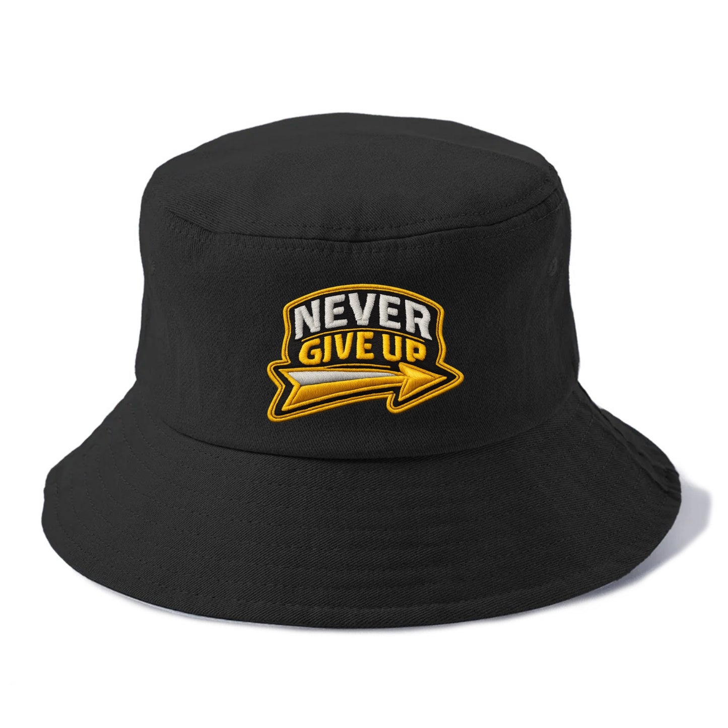 NEVER GIVE UP - bold text with arrow in gold , determination - Bucket Hat - Black
