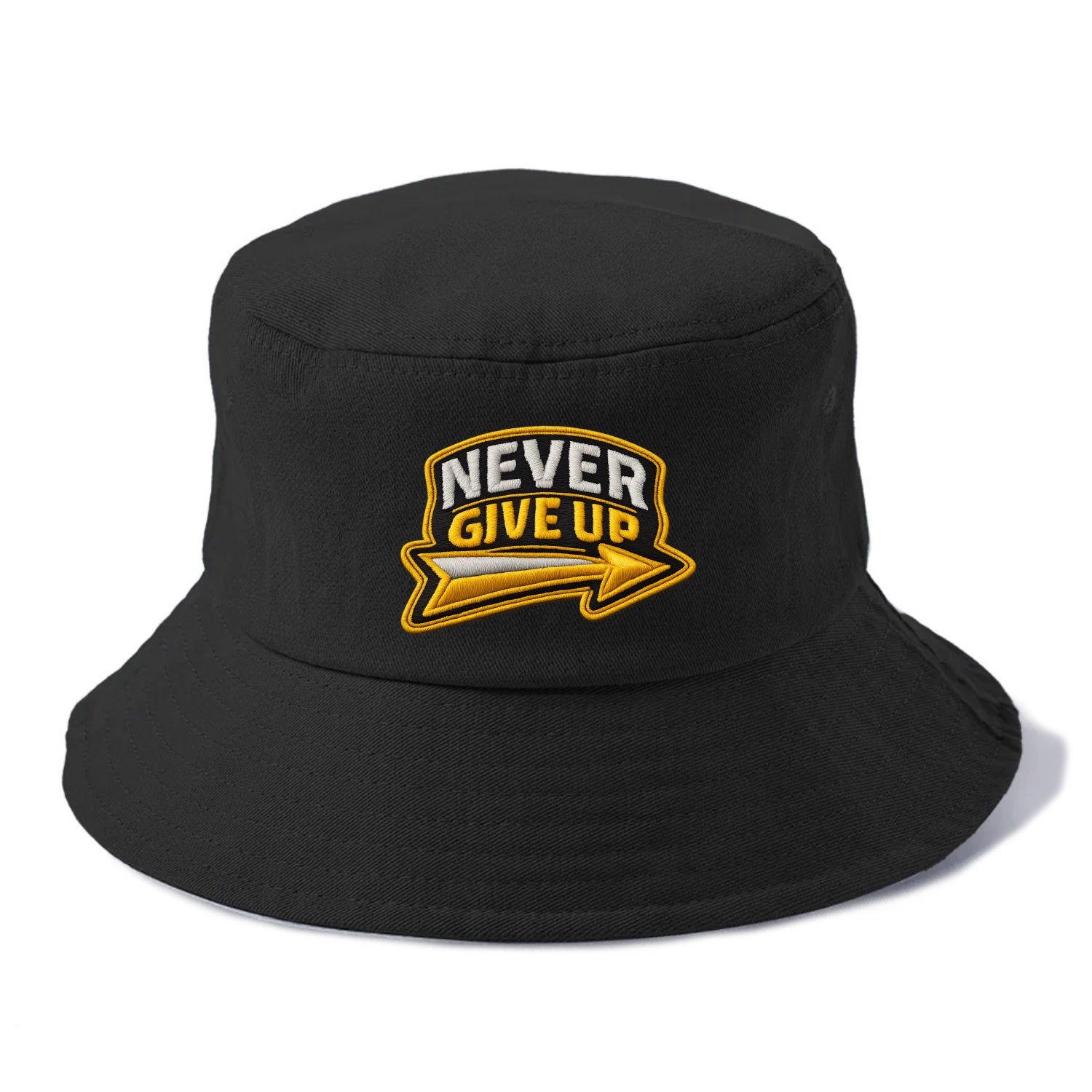 NEVER GIVE UP - bold text with arrow in gold , determination - Bucket Hat - Black