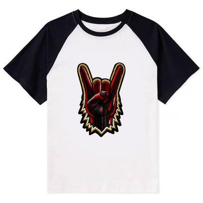 ROCK HAND HORNS - devil horns hand gesture in black and red , metal music - Contrast Raglan T-shirt - Black
