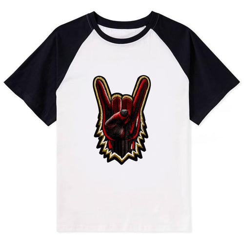ROCK HAND HORNS - devil horns hand gesture in black and red , metal music - Contrast Raglan T-shirt