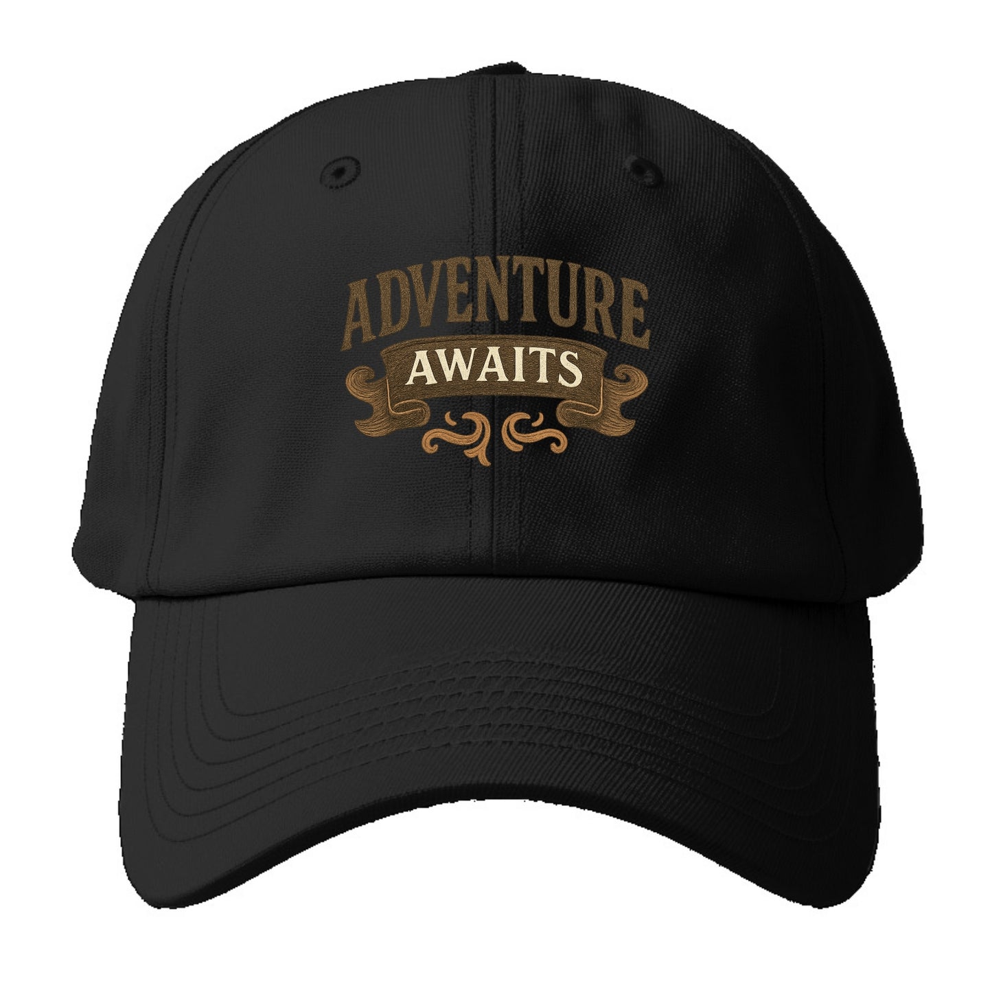 Bold typography design - "ADVENTURE AWAITS" - excitement ahead, ready for anything - Baseball Cap - Black