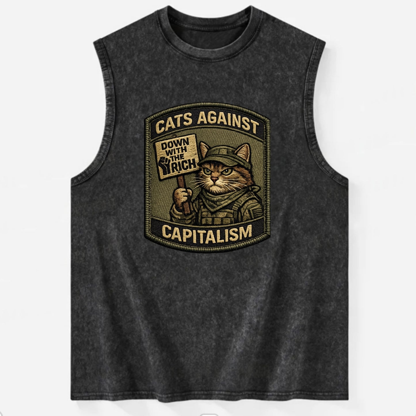 CATS AGAINST CAPITALISM - cat with protest sign in red , political cat - Vintage Washed Tank - Black