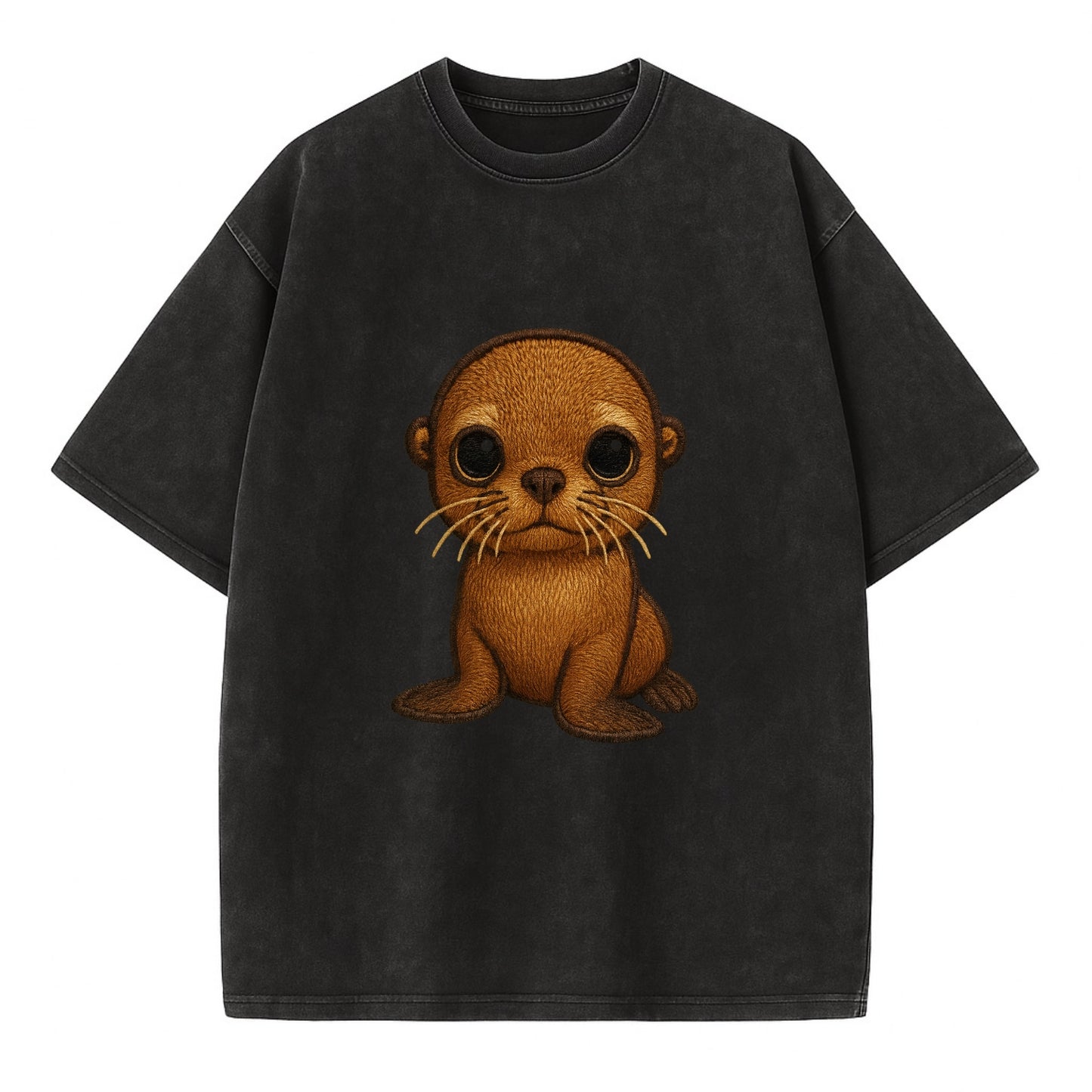 Baby California Sea Lion - golden brown, large expressive eyes, whiskers, - Vintage T-shirt - Black