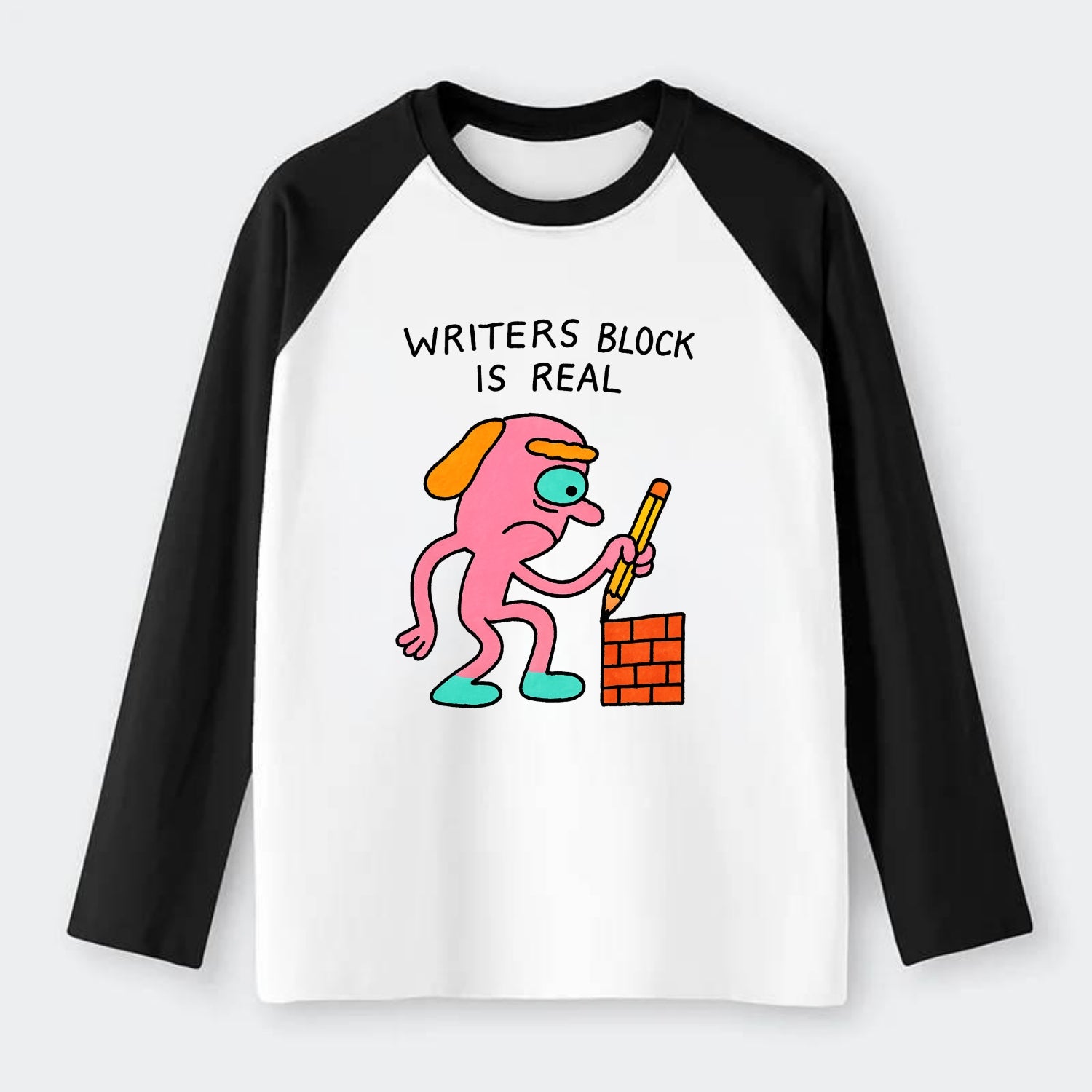 WRITERS BLOCK IS REAL | Brick wall with pencil - Raglan Long Sleeve T-Shirt - Black