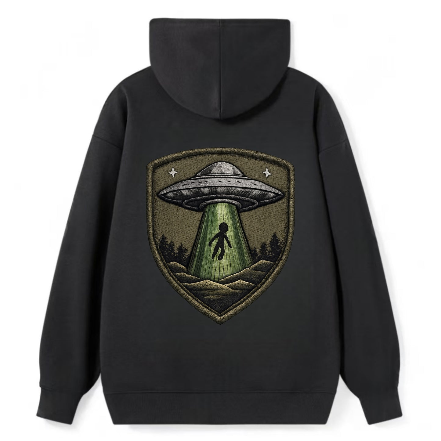UFO ALIEN - flying saucer with beam in silver and green , extraterrestrial - Classic Pullover Hoodie - Black