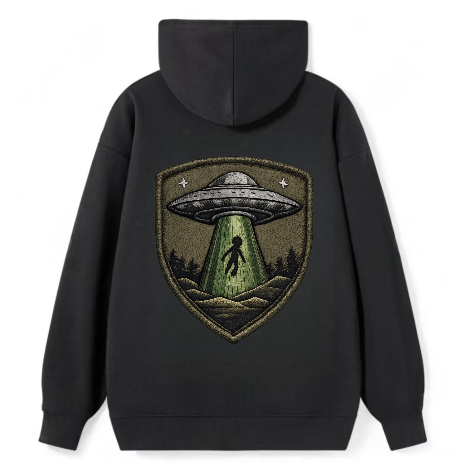 UFO ALIEN - flying saucer with beam in silver and green , extraterrestrial - Classic Pullover Hoodie - Black