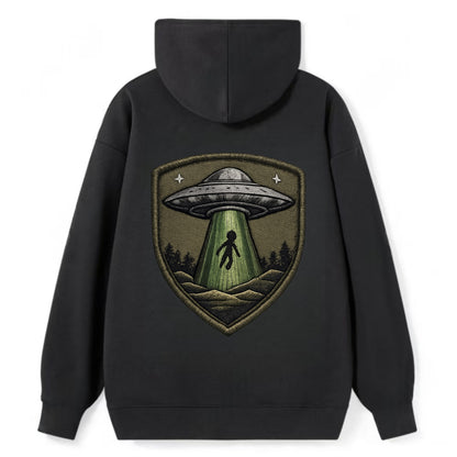 UFO ALIEN - flying saucer with beam in silver and green , extraterrestrial - Classic Pullover Hoodie - Black