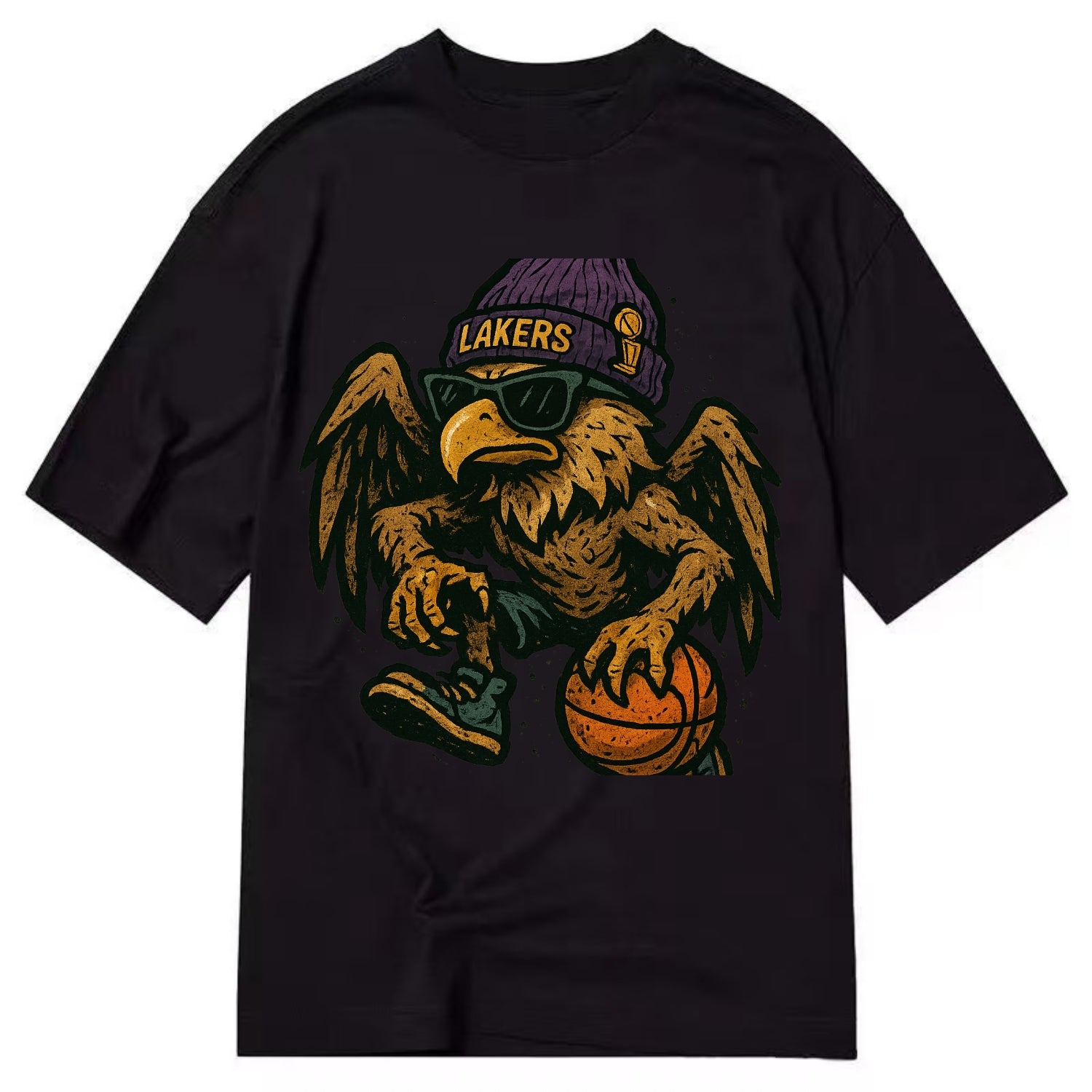 Los Angeles Golden Eagle wearing Lakers beanie with trophy patch and wayfarer - Classic T-shirt - Black