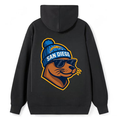 San Diego Sea Lion wearing Chargers beanie with bolt patch and wayfarer - Classic Pullover Hoodie - Black