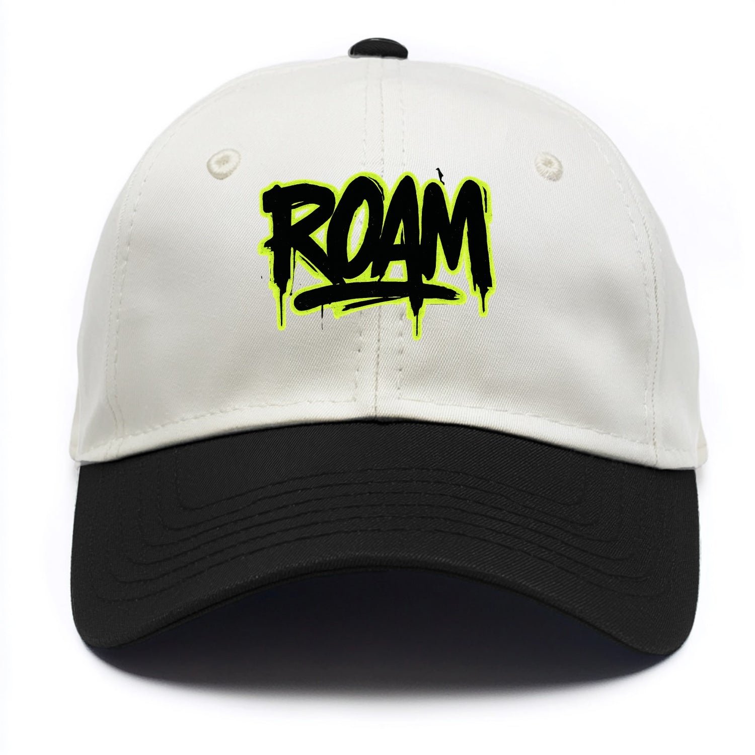 Bold typography design - "ROAM" - wander freely, no destination needed - Two Tone Cap - Black