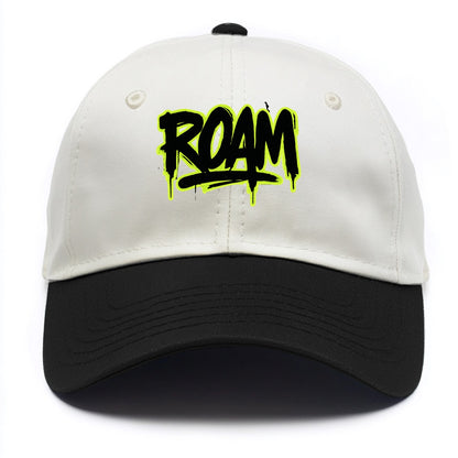 Bold typography design - "ROAM" - wander freely, no destination needed - Two Tone Cap - Black
