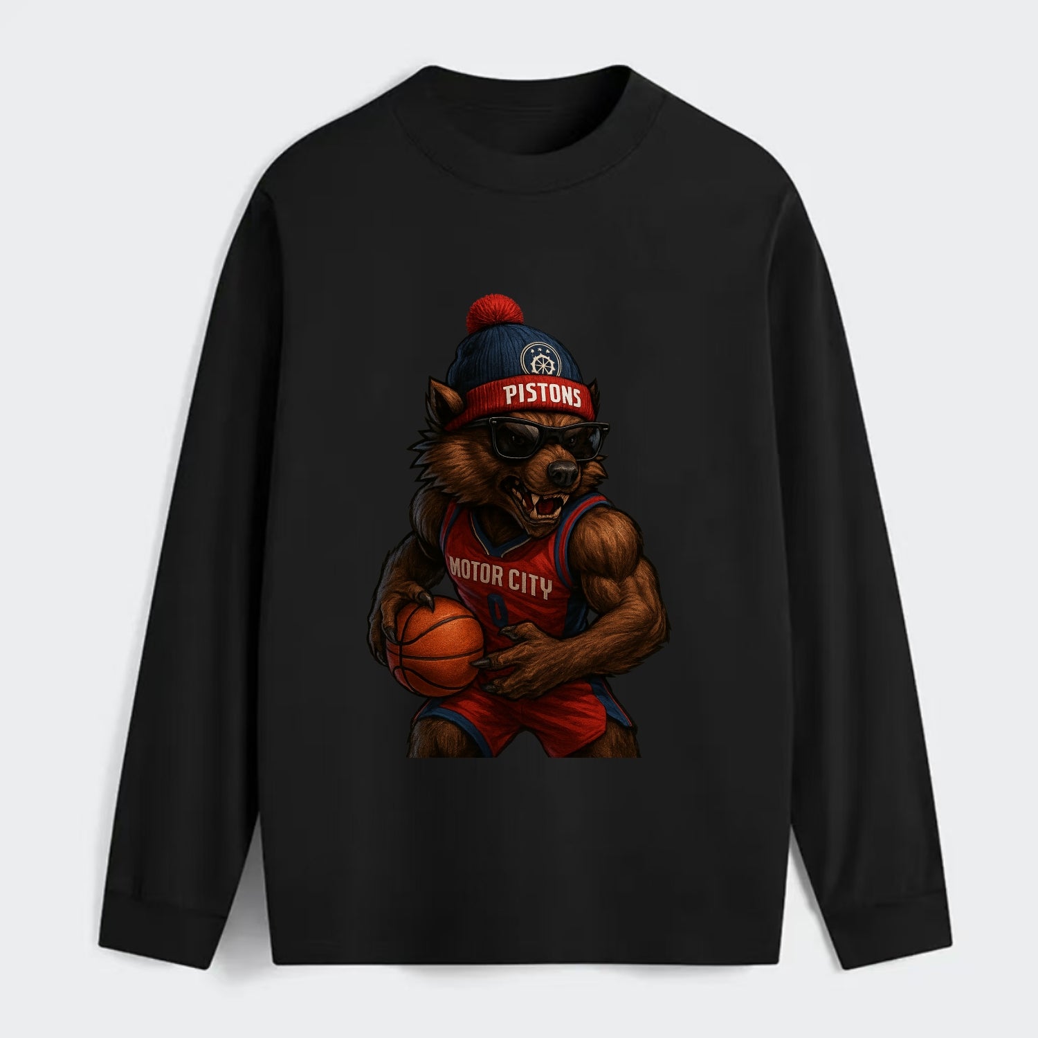 Motor City Wolverine wearing Pistons beanie with gear patch and - Classic Long Sleeve Shirt - Black