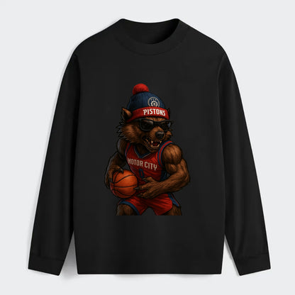 Motor City Wolverine wearing Pistons beanie with gear patch and - Classic Long Sleeve Shirt - Black