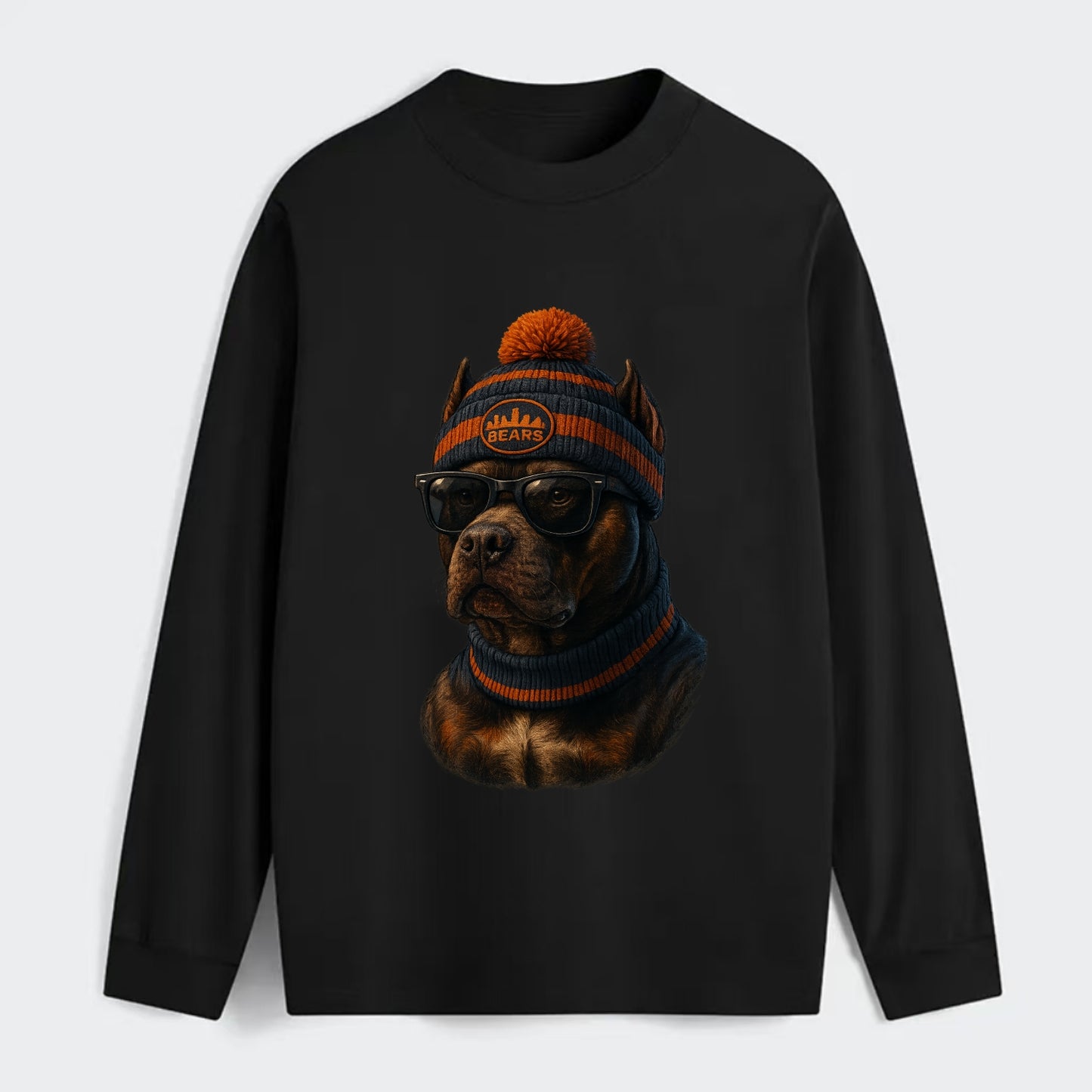 Chicago Pitbull wearing Bears beanie with skyline patch and wayfarer - Classic Long Sleeve Shirt - Black