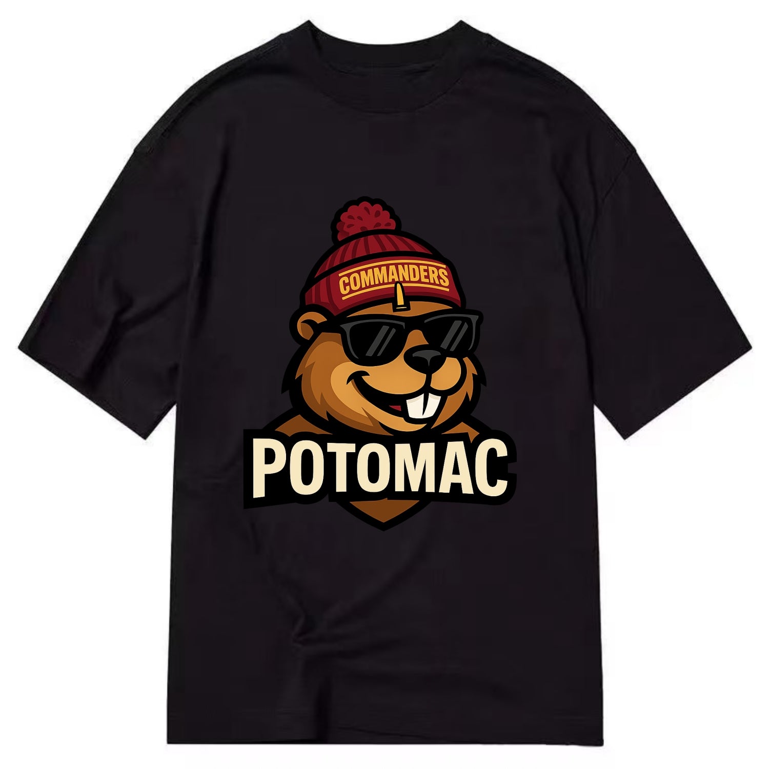 Potomac Beaver wearing Commanders beanie with monument patch and wayfarer - Classic T-shirt - Black
