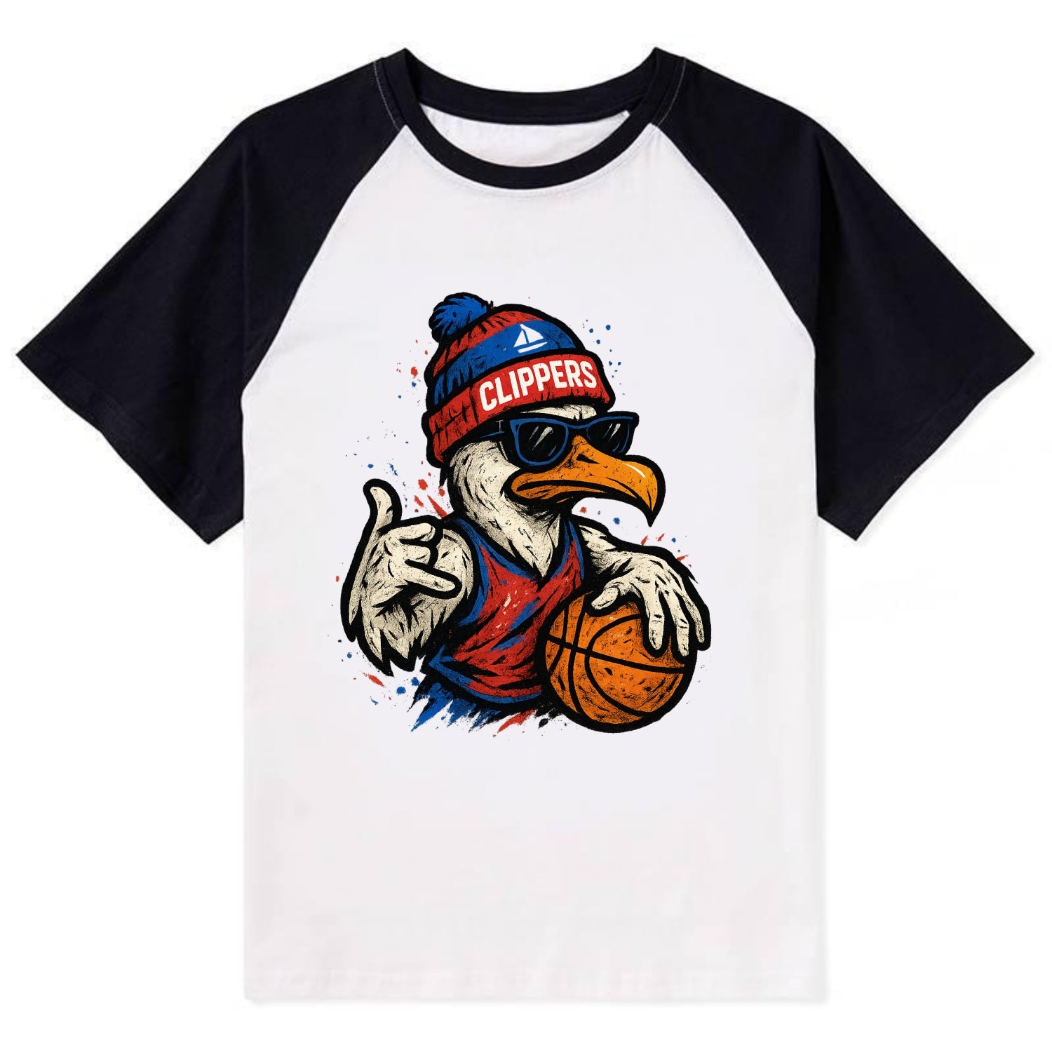 LA Seagull wearing Clippers red white and blue beanie with ship patch and - Contrast Raglan T-shirt - Black
