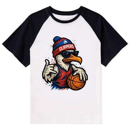 LA Seagull wearing Clippers red white and blue beanie with ship patch and - Contrast Raglan T-shirt - Black