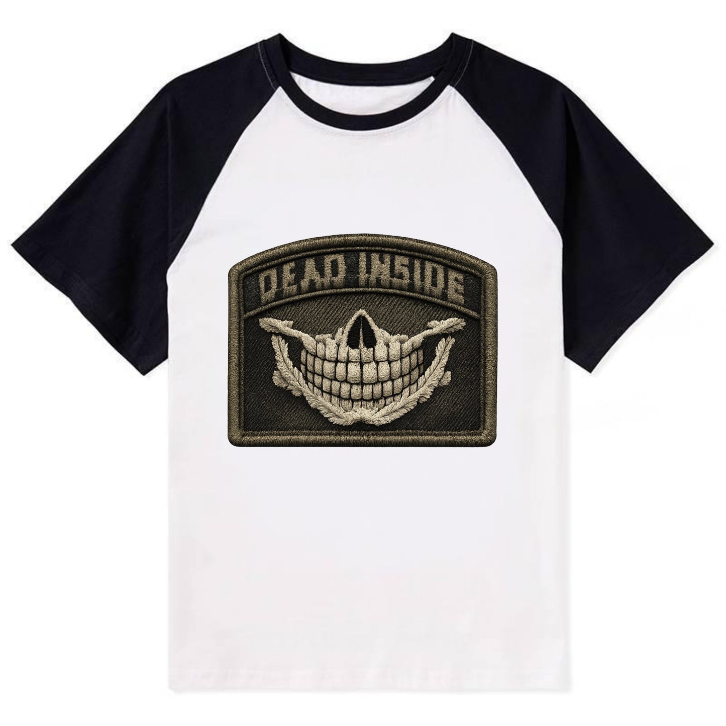 DEAD INSIDE SMILE - skeleton smile in white , dark humor - Contrast Raglan T-shirt - Black
