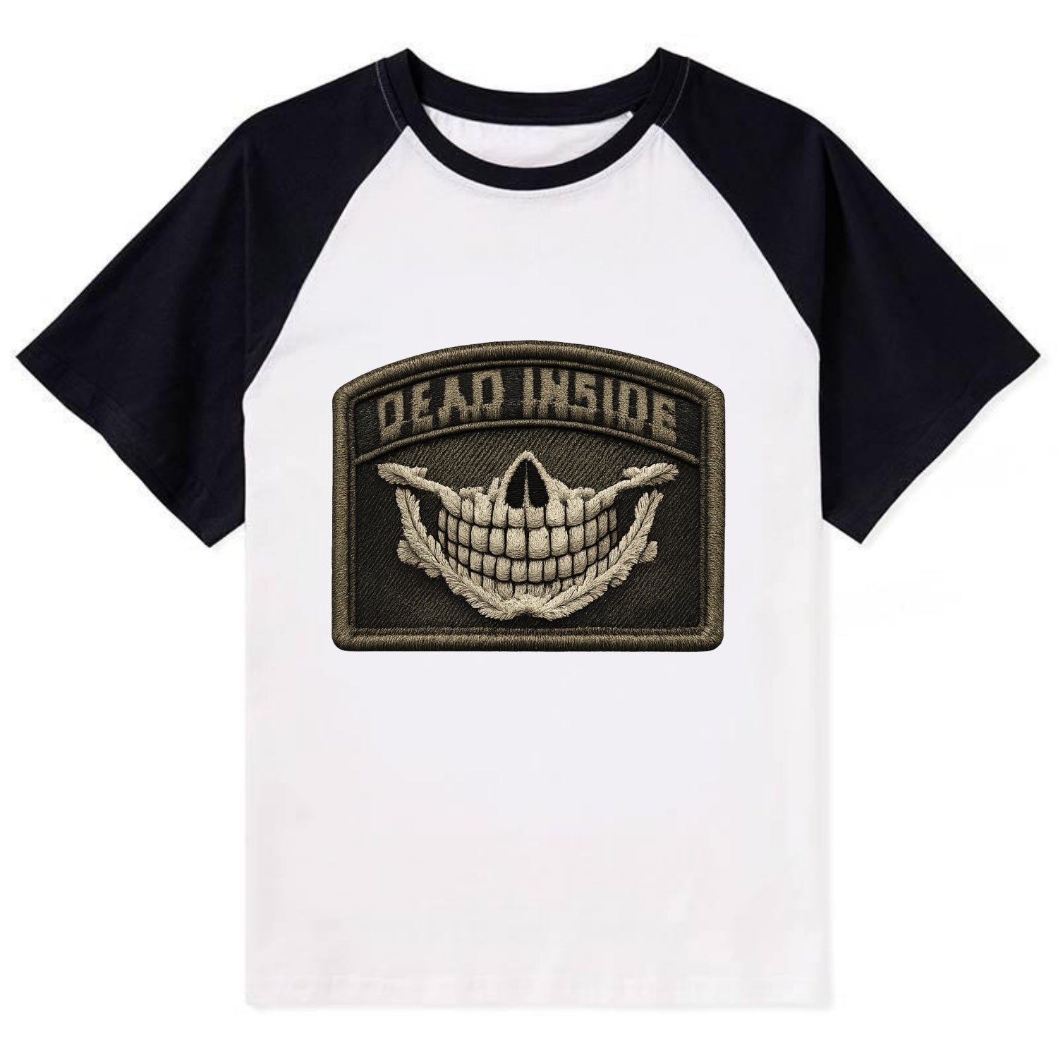 DEAD INSIDE SMILE - skeleton smile in white , dark humor - Contrast Raglan T-shirt - Black