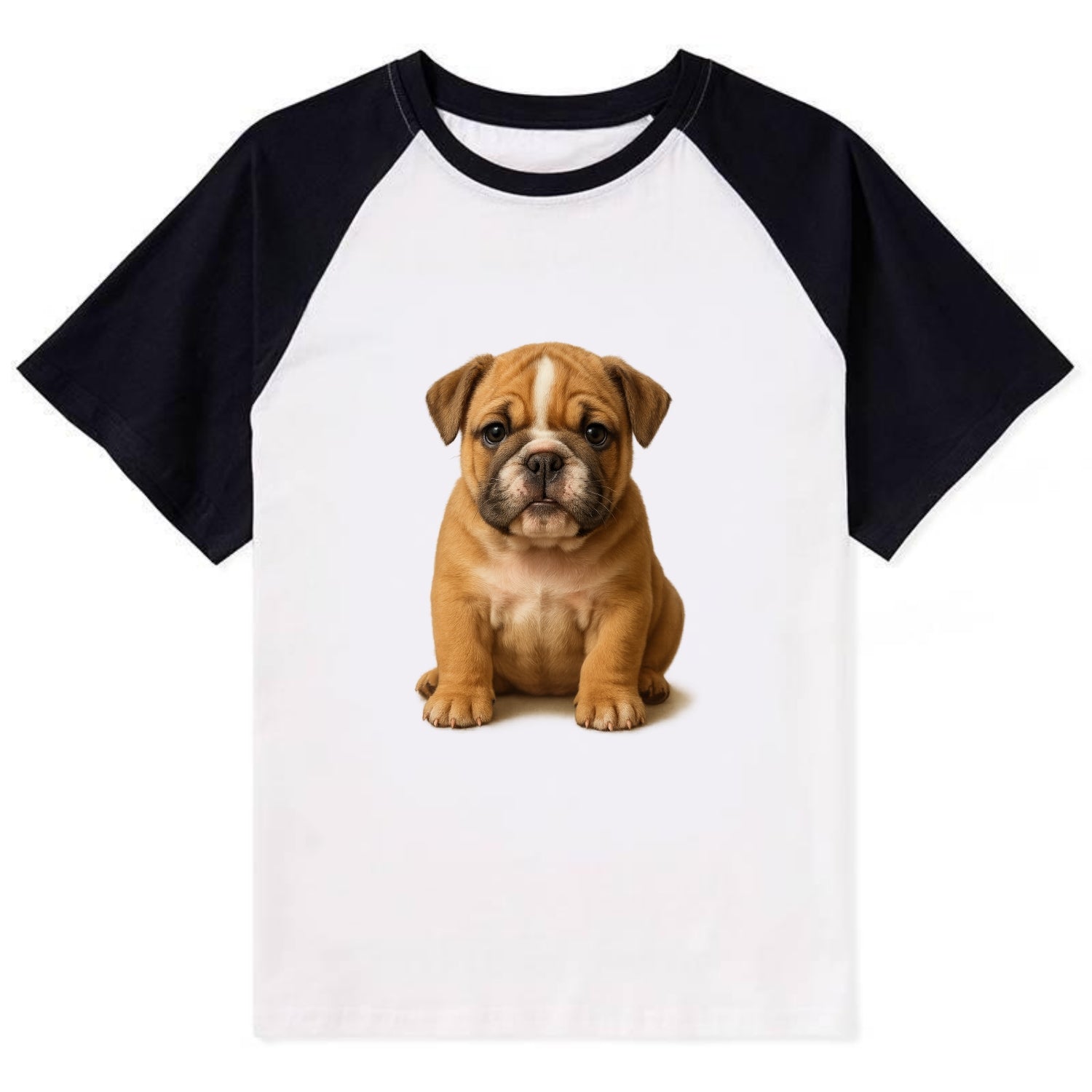 Baby Bulldog Puppy - wrinkly face, underbite, stocky body, gentle eyes, - Contrast Raglan T-shirt - Black