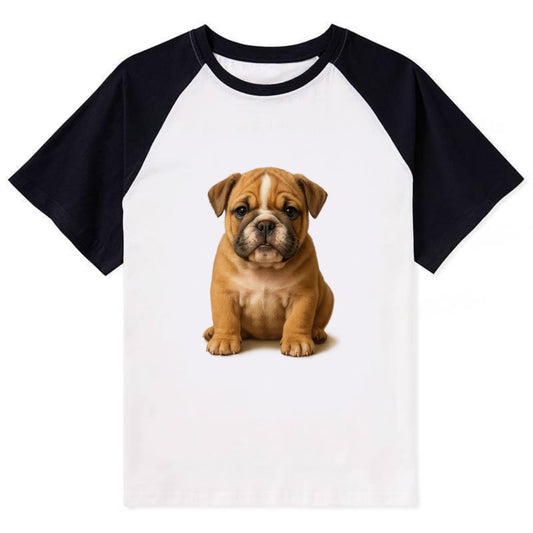 Baby Bulldog Puppy - wrinkly face, underbite, stocky body, gentle eyes, - Contrast Raglan T-shirt - Black
