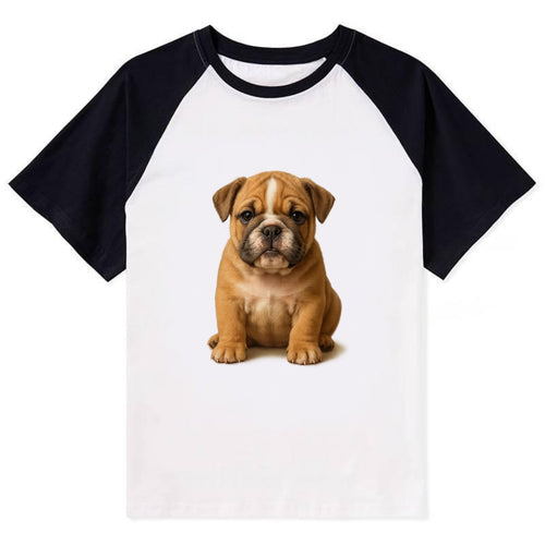 Baby Bulldog Puppy - wrinkly face, underbite, stocky body, gentle eyes, - Contrast Raglan T-shirt