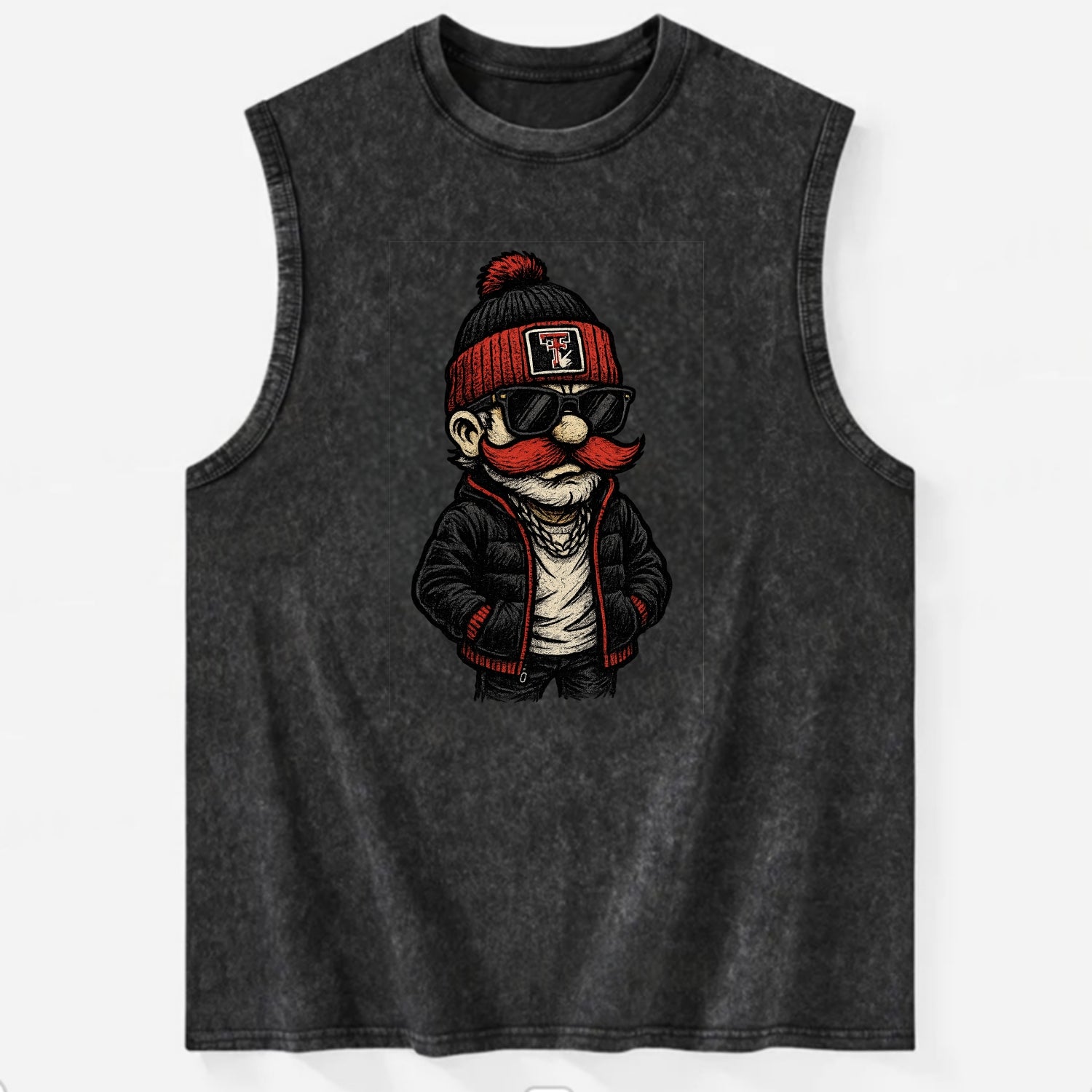 Lubbock Raider wearing Texas Tech beanie with guns up patch - Vintage Washed Tank - Black