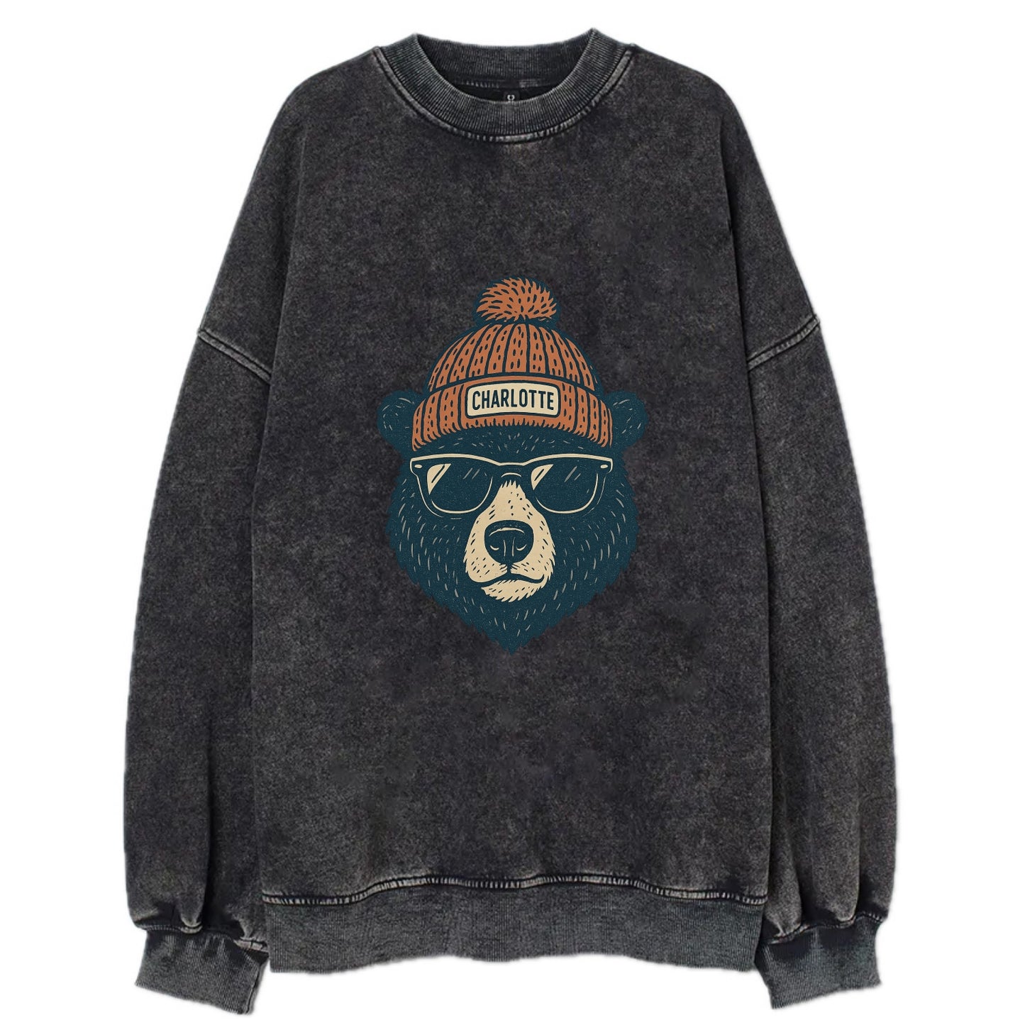 North Carolina Black Bear wearing Charlotte beanie with pom pom and wayfarer - Vintage Sweatshirt - Black