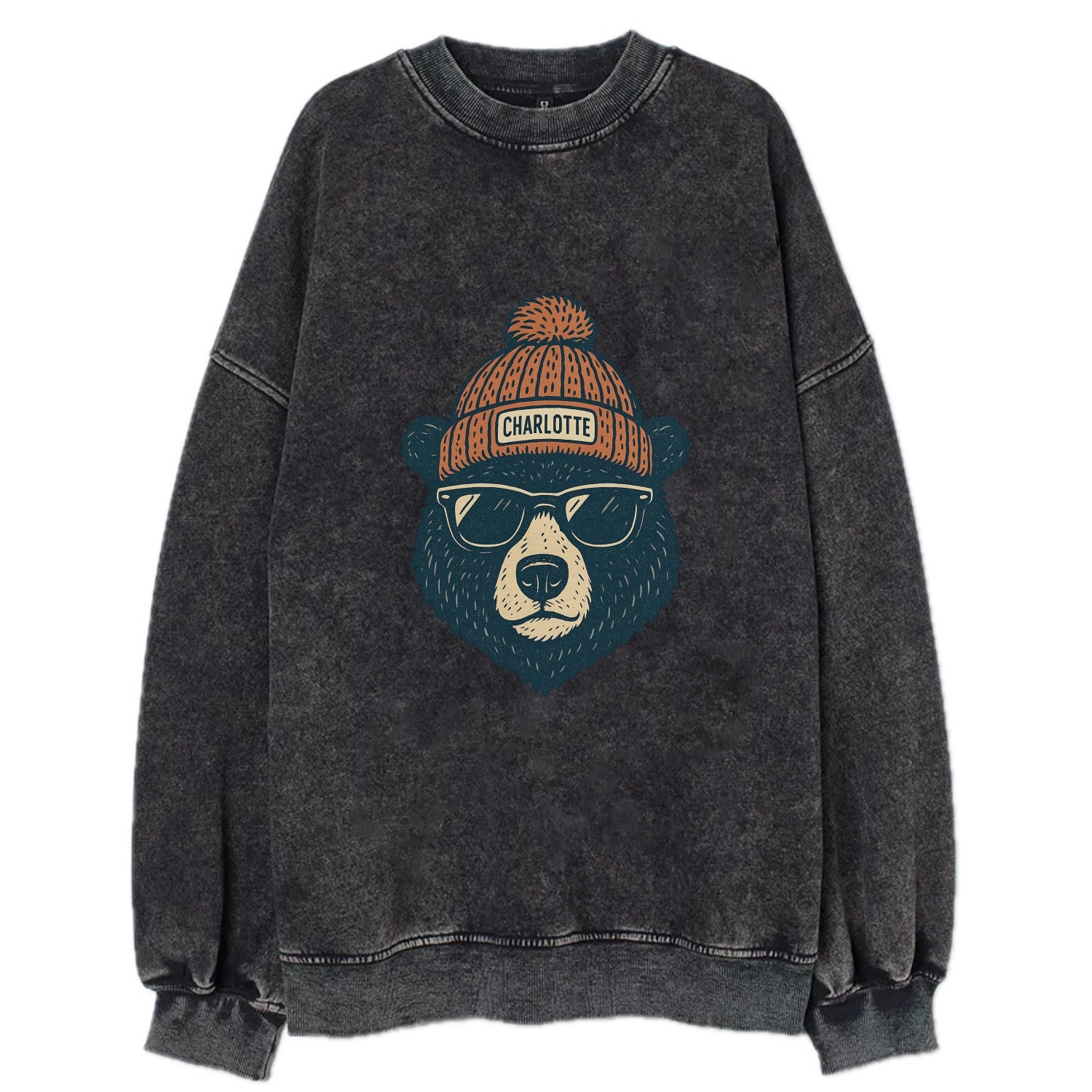 North Carolina Black Bear wearing Charlotte beanie with pom pom and wayfarer - Vintage Sweatshirt - Black