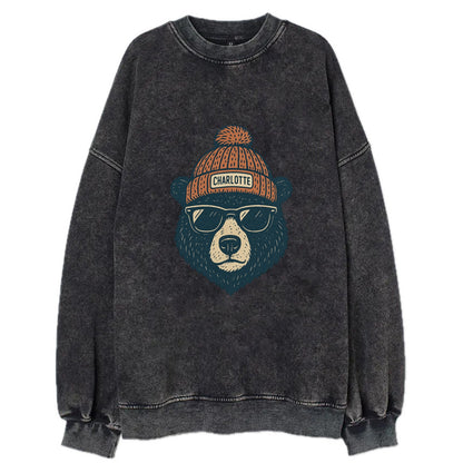 North Carolina Black Bear wearing Charlotte beanie with pom pom and wayfarer - Vintage Sweatshirt - Black