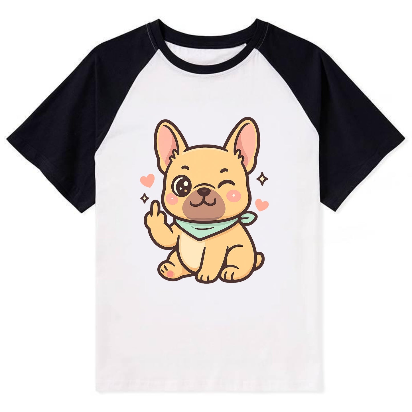 French Bulldog sitting with bat ears up, strong paw with sass - Contrast Raglan T-shirt - Black