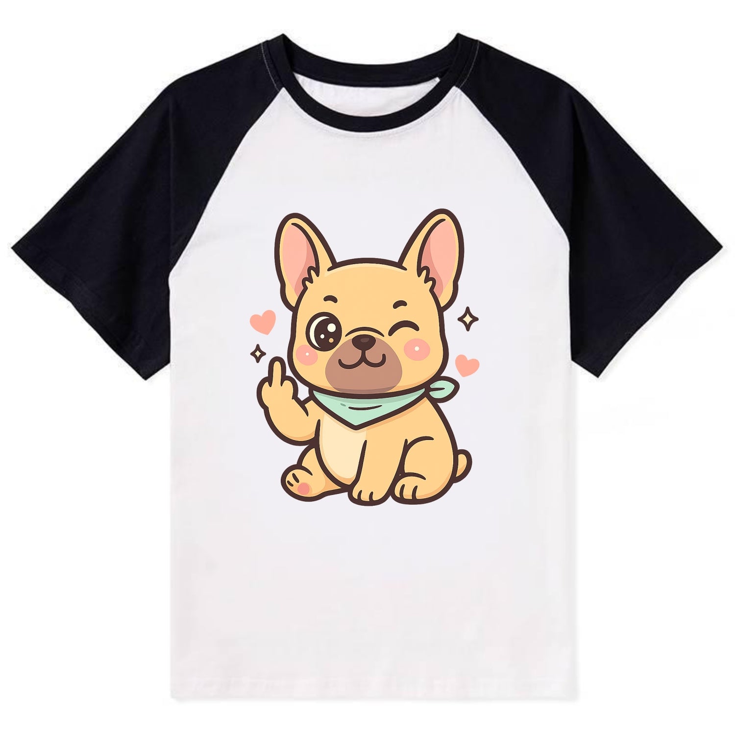French Bulldog sitting with bat ears up, strong paw with sass - Contrast Raglan T-shirt - Black