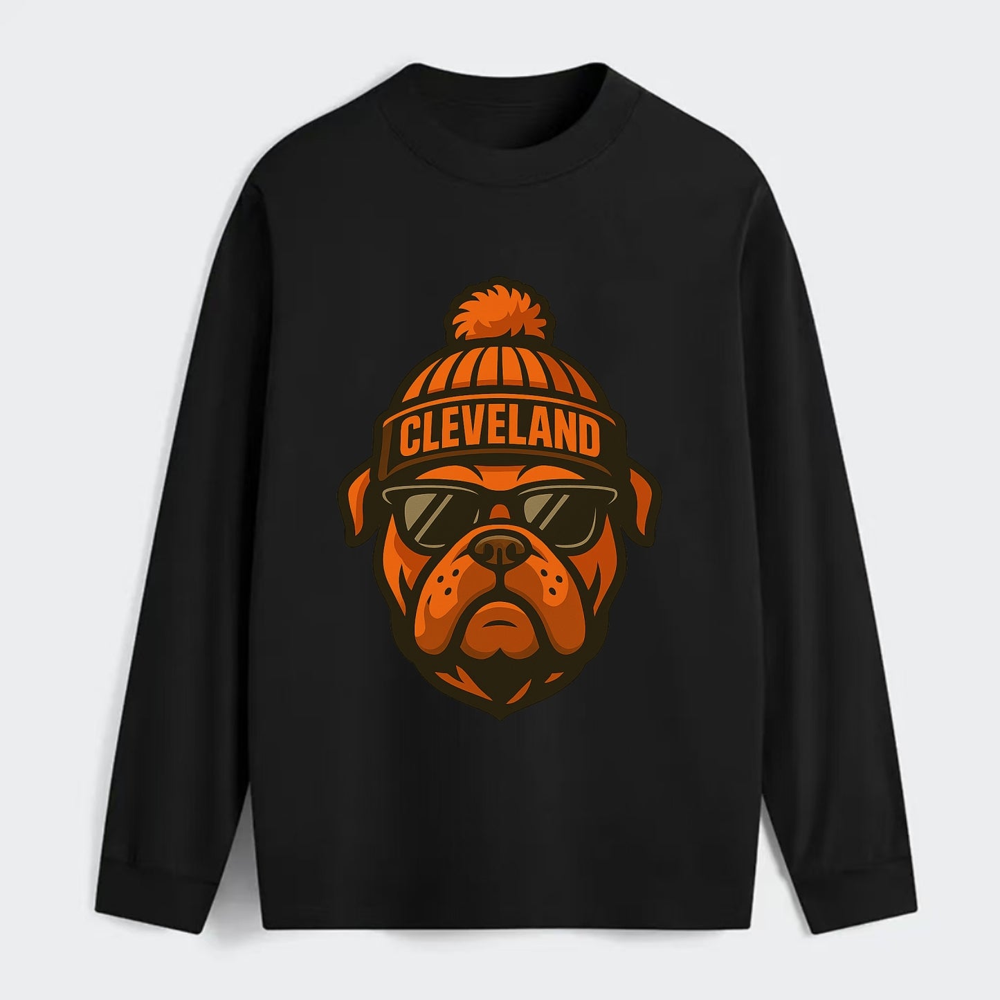 Cleveland Bulldog wearing Browns orange and brown beanie with pom pom - Classic Long Sleeve Shirt - Black