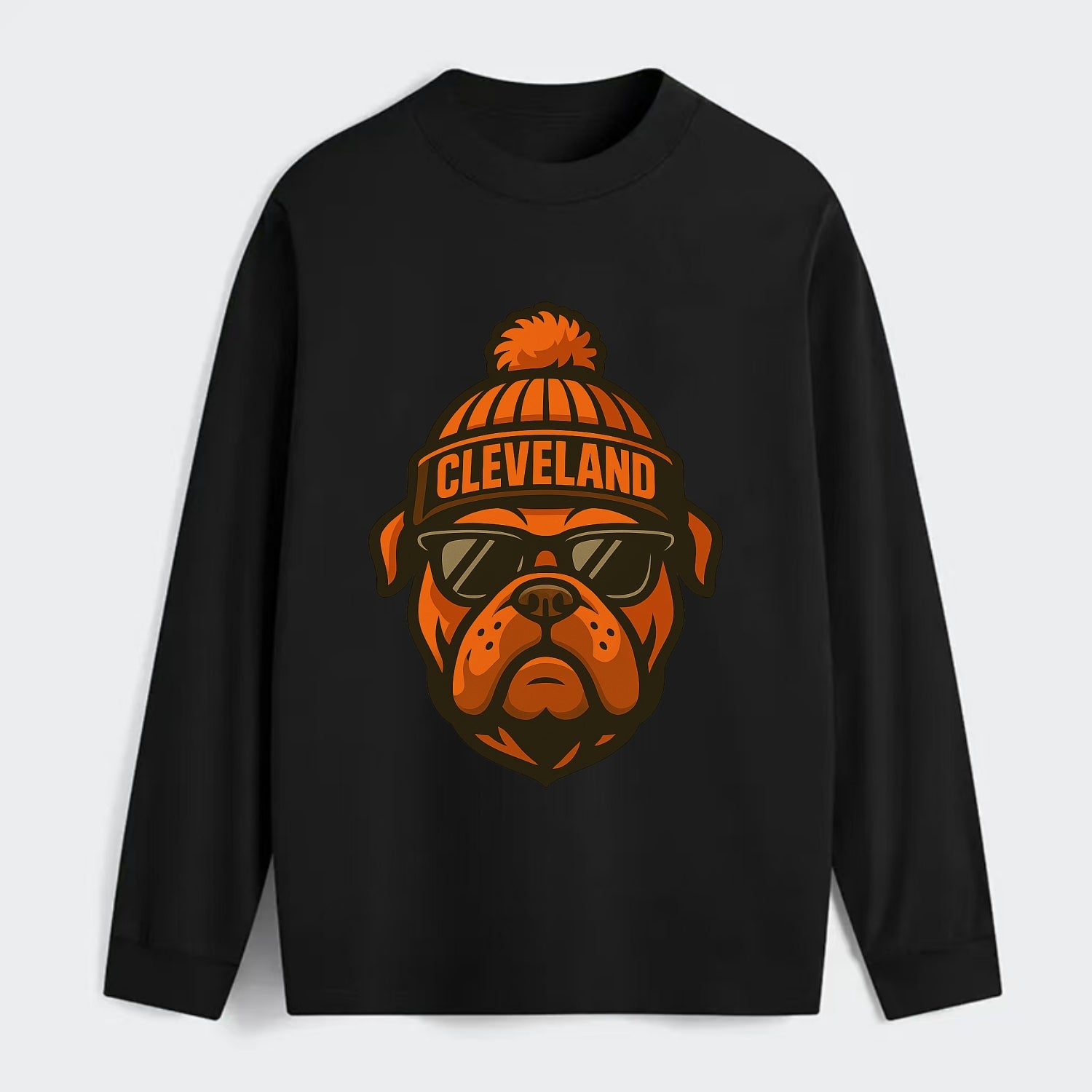 Cleveland Bulldog wearing Browns orange and brown beanie with pom pom - Classic Long Sleeve Shirt - Black