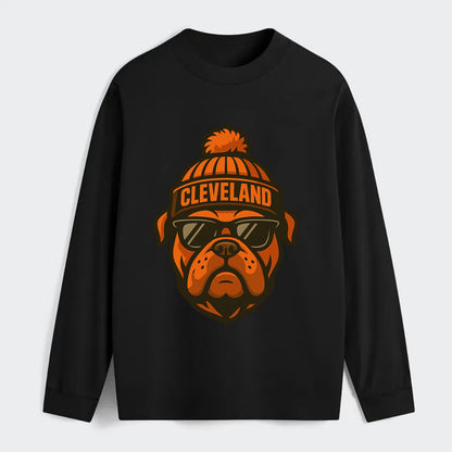 Cleveland Bulldog wearing Browns orange and brown beanie with pom pom - Classic Long Sleeve Shirt - Black