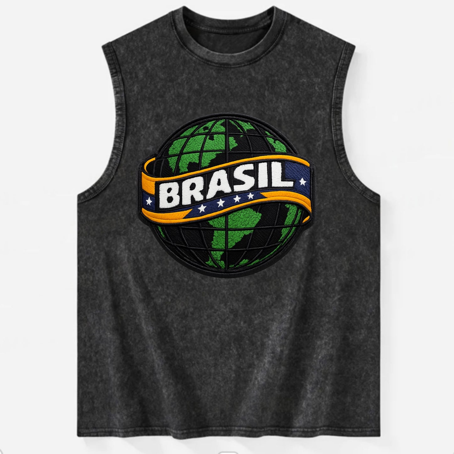 BRAZILIAN FLAG GLOBE - green globe with banner in green yellow blue , Brasil - Vintage Washed Tank - Black