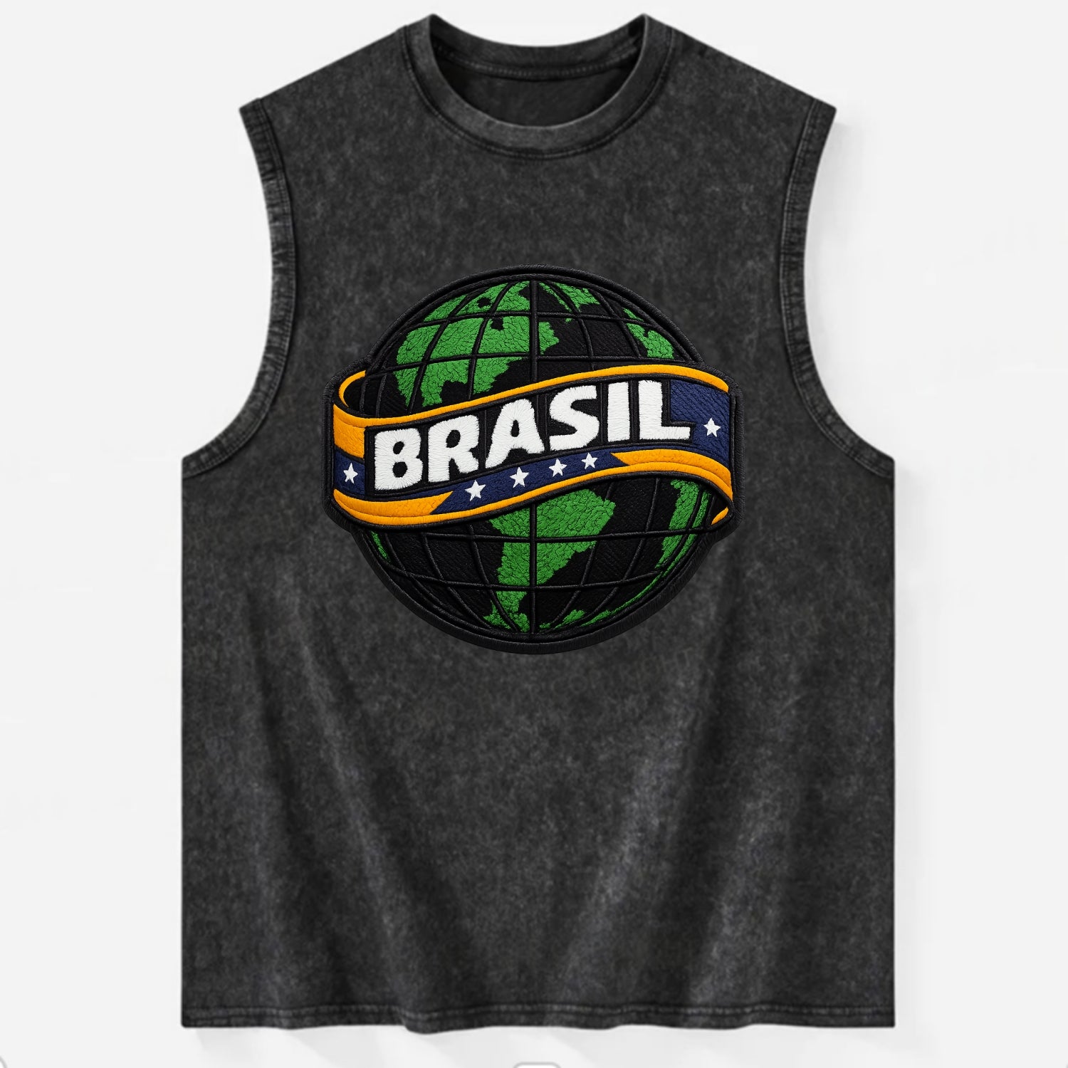 BRAZILIAN FLAG GLOBE - green globe with banner in green yellow blue , Brasil - Vintage Washed Tank - Black