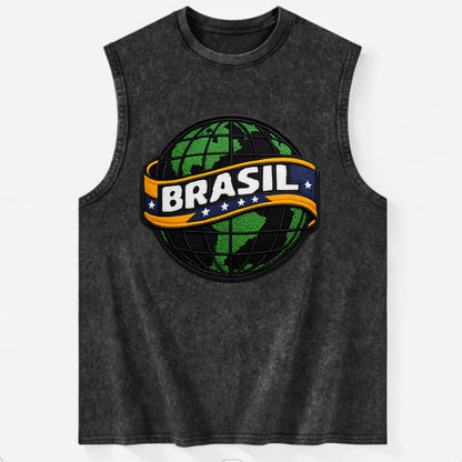 BRAZILIAN FLAG GLOBE - green globe with banner in green yellow blue , Brasil - Vintage Washed Tank - Black