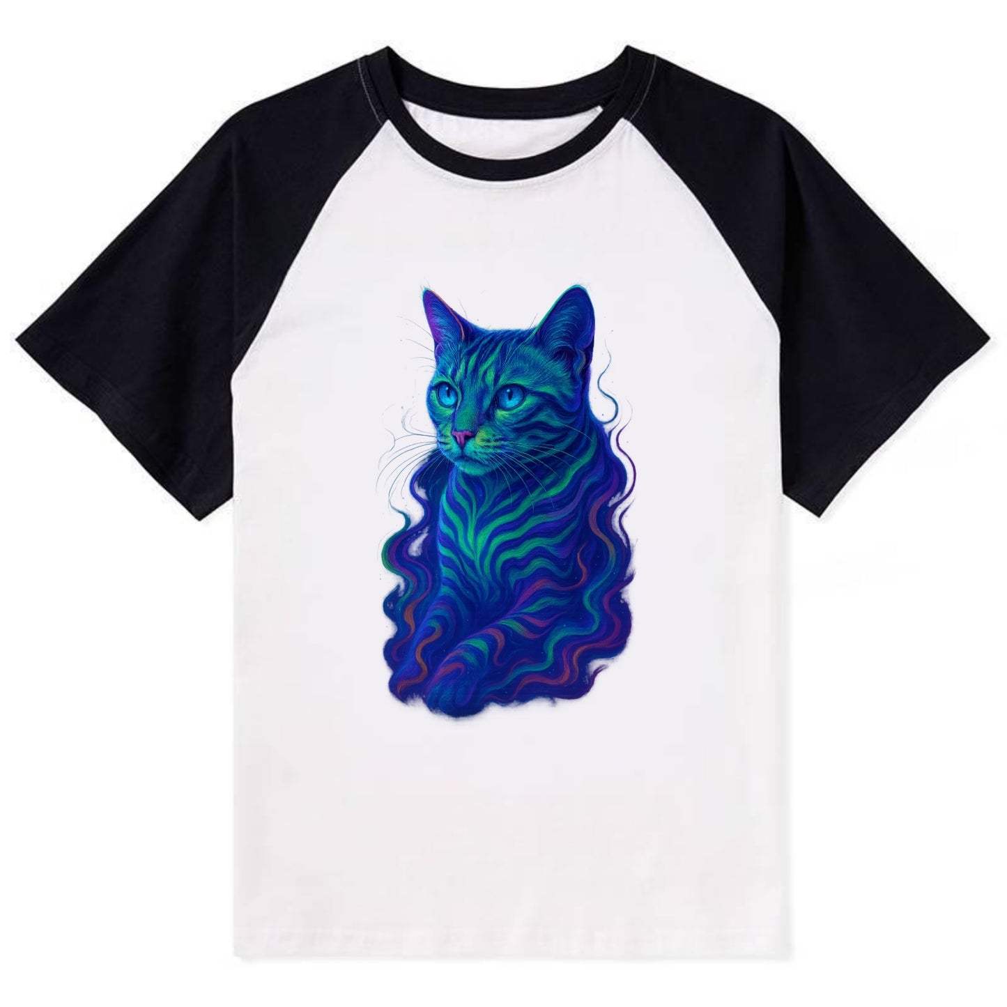 Exotic Bengal cat with aurora borealis colors flowing through its - Contrast Raglan T-shirt - Black