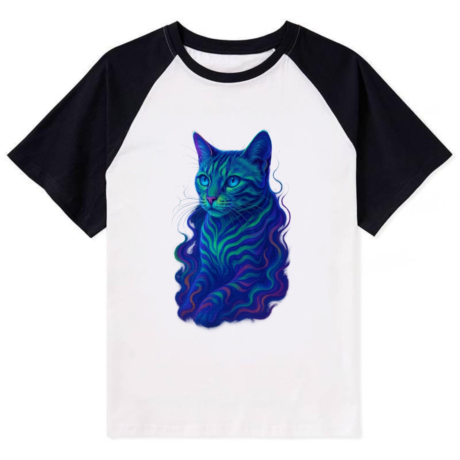 Exotic Bengal cat with aurora borealis colors flowing through its - Contrast Raglan T-shirt - Black