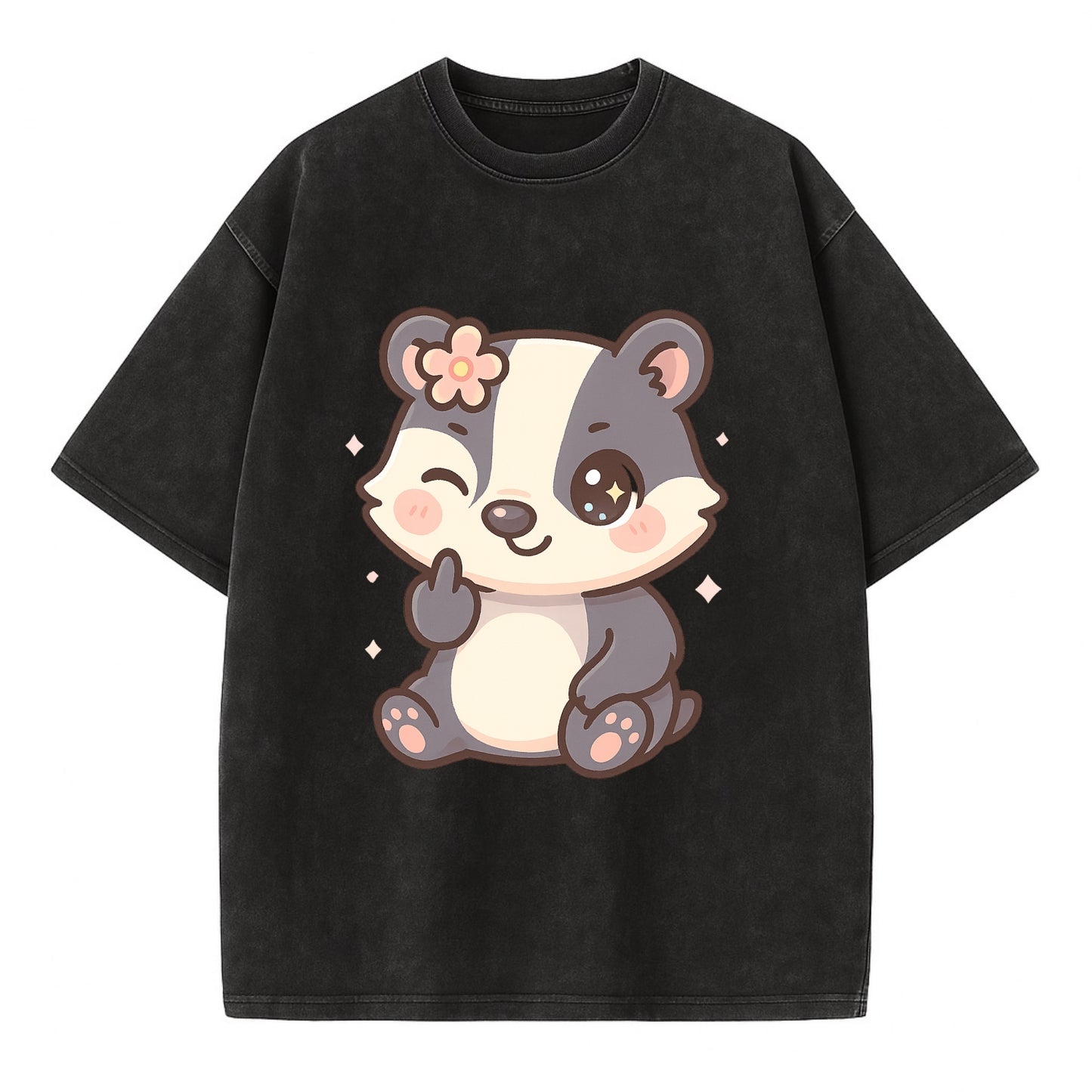 adorable badger with black and white stripes, one paw giving finger - Vintage T-shirt - Black