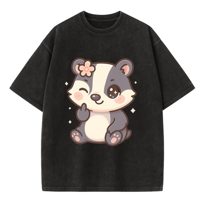 adorable badger with black and white stripes, one paw giving finger - Vintage T-shirt - Black