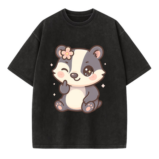 adorable badger with black and white stripes, one paw giving finger - Vintage T-shirt - Black