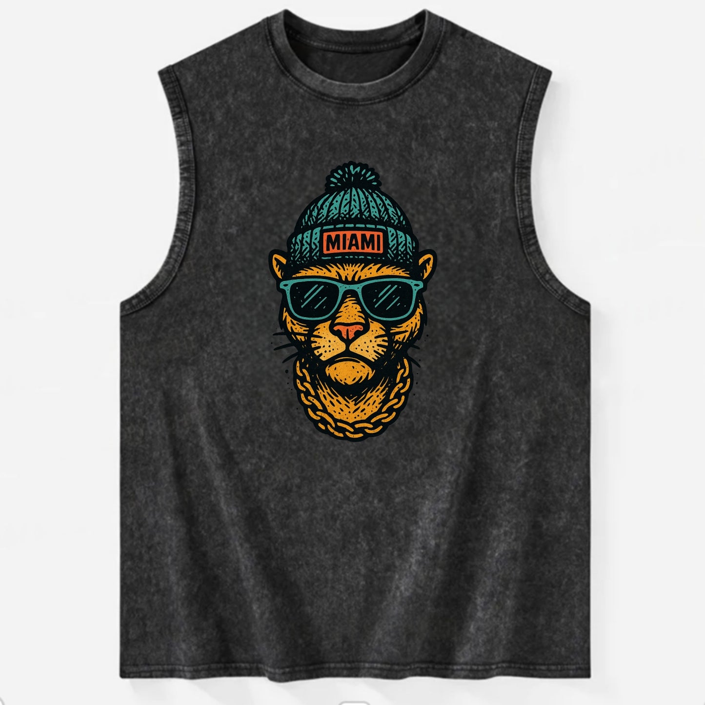 Florida Panther wearing Miami beanie with pom pom and wayfarer sunglasses - Vintage Washed Tank - Black