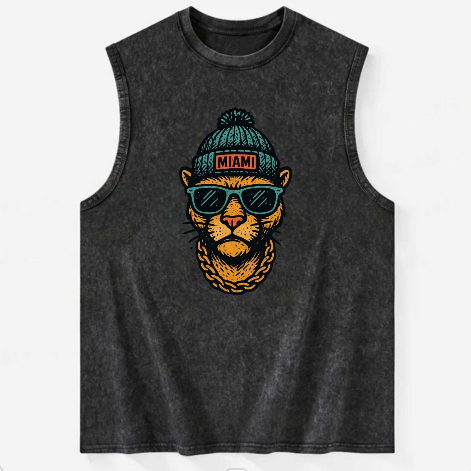 Florida Panther wearing Miami beanie with pom pom and wayfarer sunglasses - Vintage Washed Tank - Black