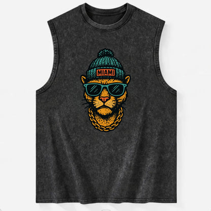 Florida Panther wearing Miami beanie with pom pom and wayfarer sunglasses - Vintage Washed Tank - Black