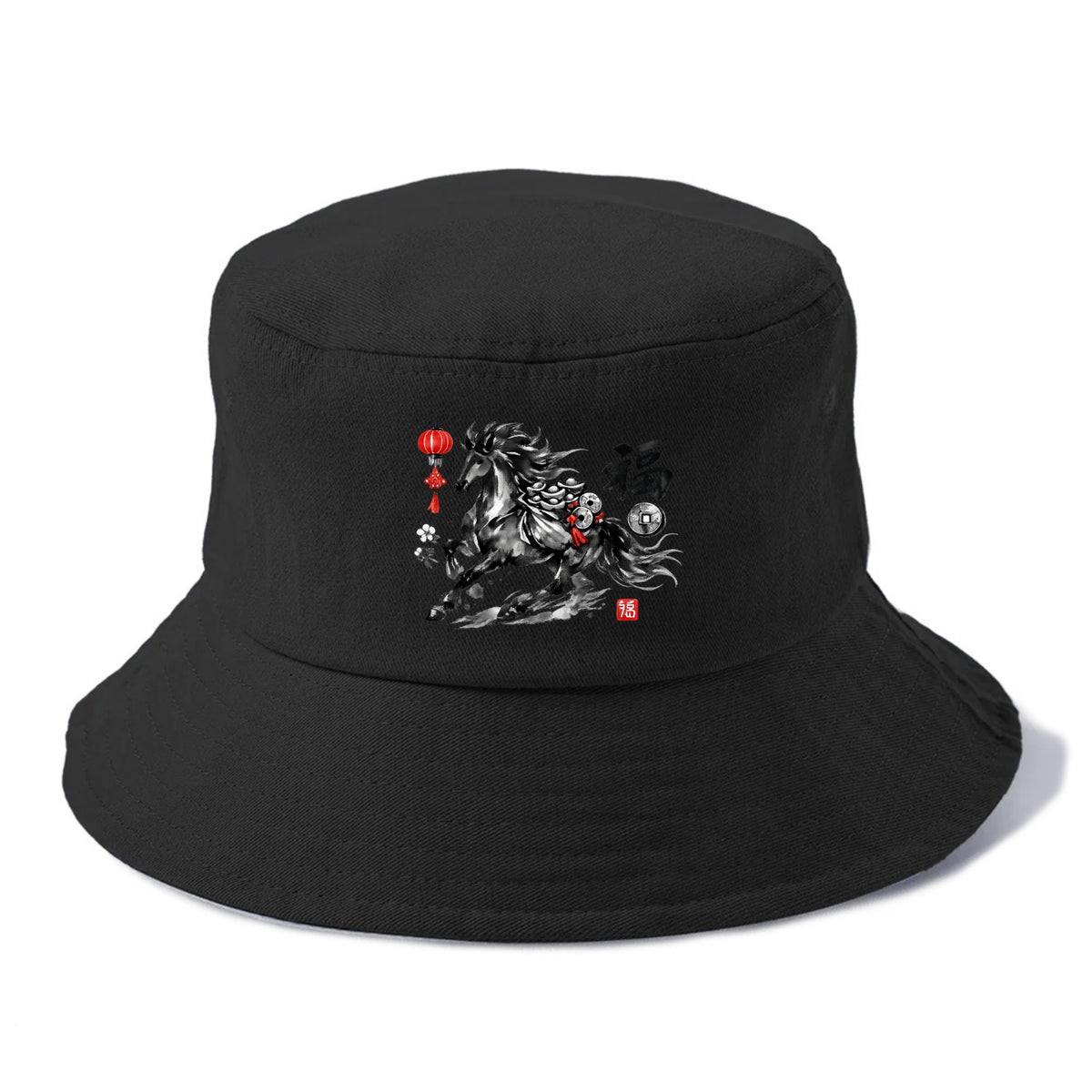 PROSPERITY HORSE | Horse carrying gold ingots and coins | Chinese knot decorations | - Bucket Hat - Black